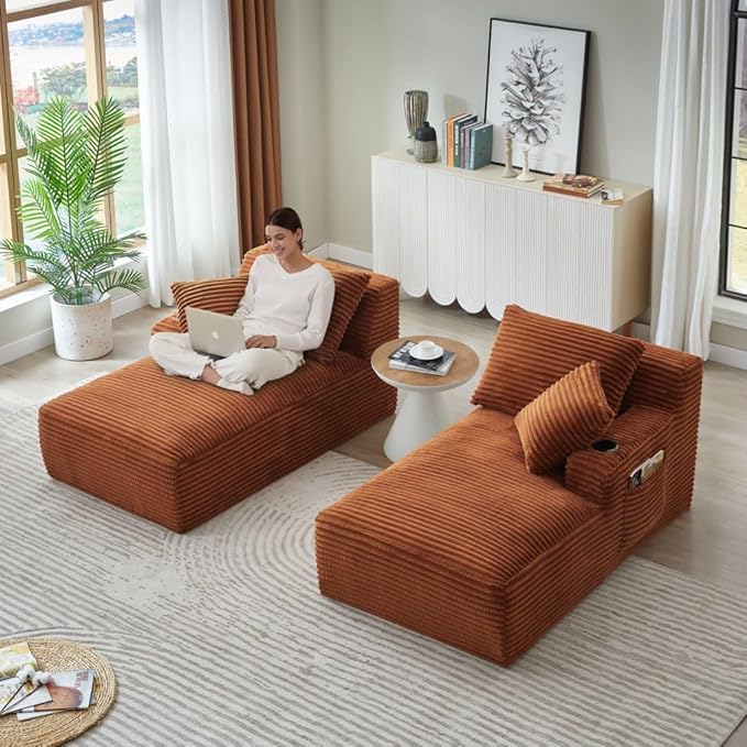 71" Oversized Double Chaise Lounge Sofa Indoor Boneless Sleeper Daybed, Fluffy Corduroy Upholstered Compressed Cloud Couch Loveseat Sofabed, Floor Chair w/Cupholders, Side Pockets for Living Room