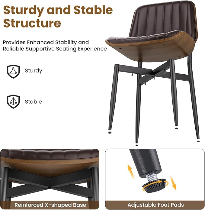 YaFiti Dining Chairs Set of 4, Mid Century Modern Dining Room Kitchen Chairs, Upholstered PU Leather Vertical Stripe Chairs for Vanity with Walnut Bentwood and Metal Legs, Brown