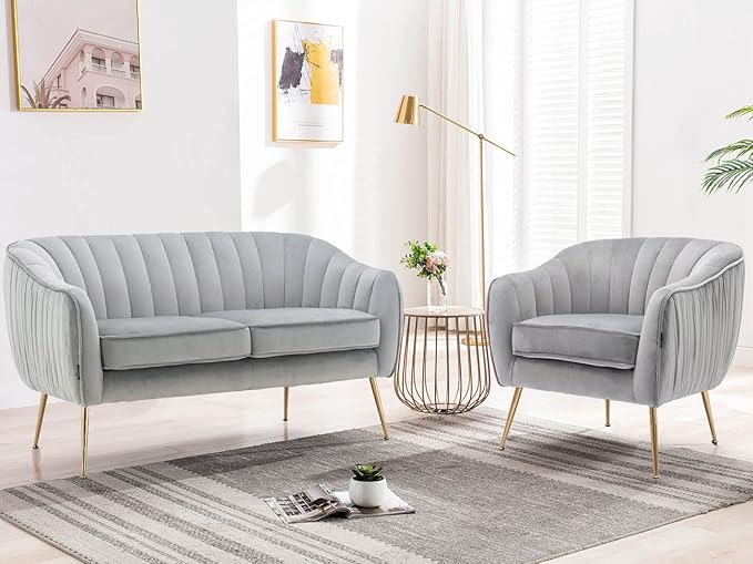 Altrobene Velvet Couch Sofa Chairs for Two People, Modern Loveseat for Living Rooms, Bedrooms, Small Spaces, Golden Finished, Grey
