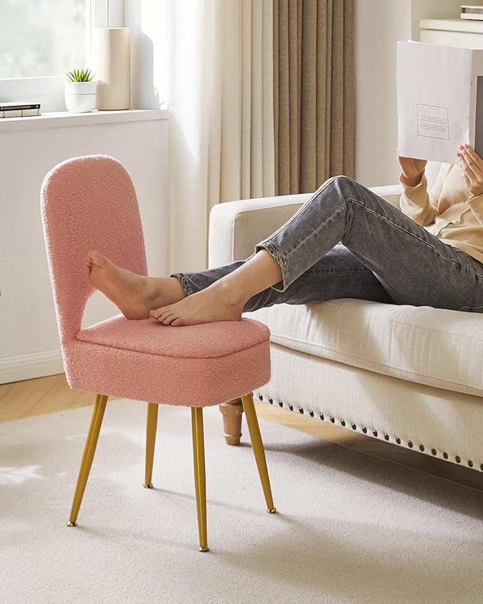 IBUYKE Small Storage Vanity Stool with Folding Backrest, 12.99" x 13.78" x 31.5" Square Teddy Velvet Ottoman, Makeup Chair for Living Room, 4 Metal Legs with Anti-Slip Feet, Pink WBD027P