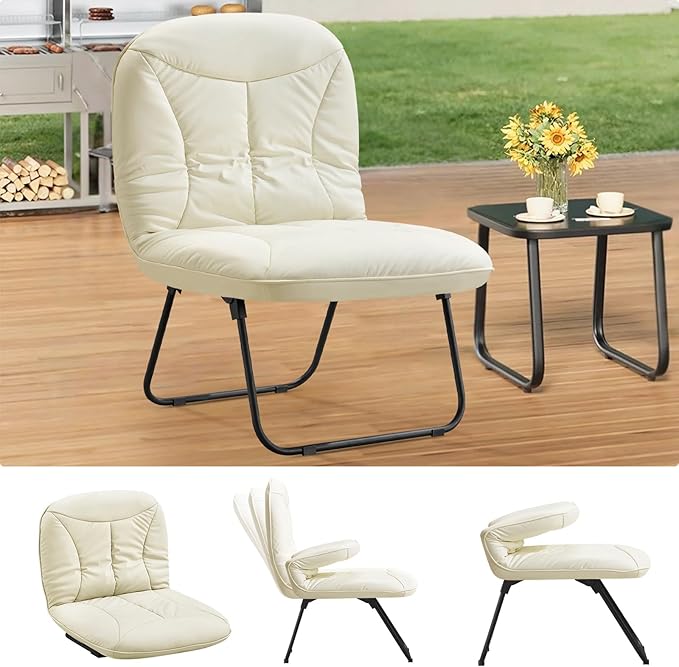 Furniliving 3 in 1 Folding Chair Foldable Floor Chair for Reading, Lounging & Gaming, Portable Camping Chair with Metal Frame Comfy Accent Chair Reading Chair for Indoor, Living Room, PU (Beige)