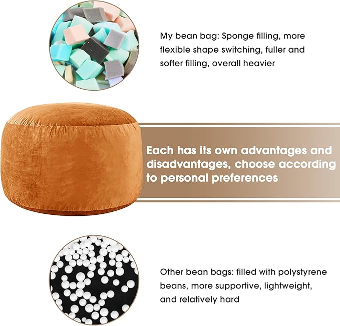 Bean Bag Chairs for Adults - Memory Foam Furniture BeanBag Chair - Kids/Teens Sofa with Soft Micro Fiber Cover - Round Fluffy Couch for Living Room Bedroom College Dorm - 4 ft, Golden Brown