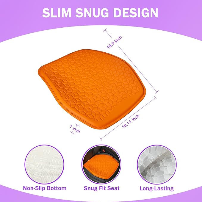 Binsheo Thin Gel Seat Cushion for Car Seat, Office Chair, Wheelchair, Golf Cart - Non-Slip Car Seat Cushions with 0.7 Inch Gel - Sciatica & Coccyx Pain Relief (Leather, Orange)