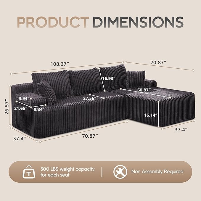 Modular Sectional Sofa Couches L-Shape Couch 3 Seat Modular Sofa Memory Foam Sectional Couches for Living Room, Cloud Couch with Oversized Chaise (Grey Stripe, 108" Right Facing Chaise)