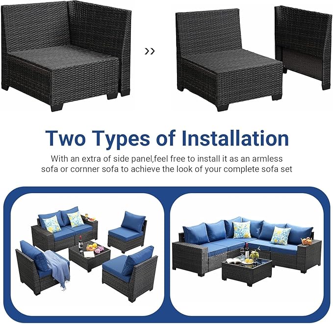 SunloungeCo Patio Furniture Set, 8 Pieces Outdoor Couch Sofa with Wider Armrests & Glass Coffee Table, Outdoor Sectional Furniture with Thick Cushions for Party, Poolside,Garden-Navy
