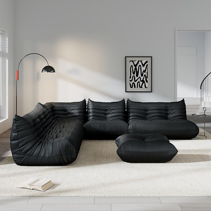 Comfy Lazy Floor Sofa Couch,Soft Armless Chair,Corner Faux Leather Lounge Chair,Corner Relax Sofa Couch for Living Room Bedroom,Salon Office,Adults(Corner+3P++2P+1P+Ottoman)