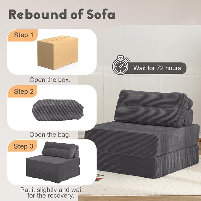 MeMoreCool Folding Sofa Bed Single – Convertible Sleeper Chair & Fold-Out Floor Lounge, Dark Grey Corded Fabric, Includes Headrest & Lumbar Pillow