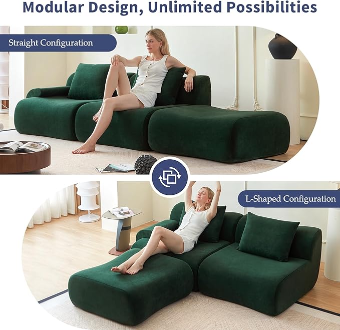Boneless Couch for Living Room-114 Green Cloud Couch with Movable Ottoman,L-Shaped Comfy Sofa for Bedroom,No Assembly Required,Low -Profile Sofa