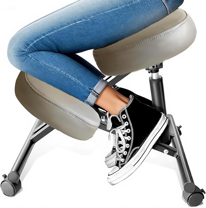 PU Leather Ergonomic Kneeling Chair, Adjustable Home and Office Stool with Thick Pads and Flexible Lockable Brake Wheels for Back Pain Relief（Dark Brown）