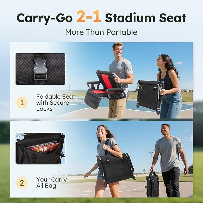 LET'S CAMP Folding Stadium Seat Bleacher Chair with Cup Holder, Mesh Bag and Hide Hooks, Portable Stadium Chair with Back and Cushion