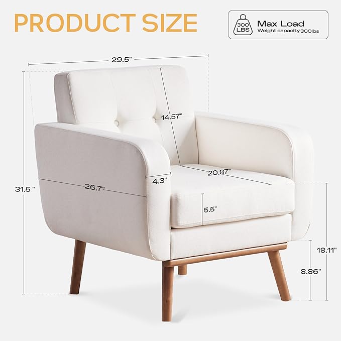 HUIMO Fabric Accent Chairs Set of 2, Button Tufted Living Room Chairs Easy to Install, Mid Century Modern Chair, Upholstered Arm Chair for Living Room Bedroom Study Office (White)