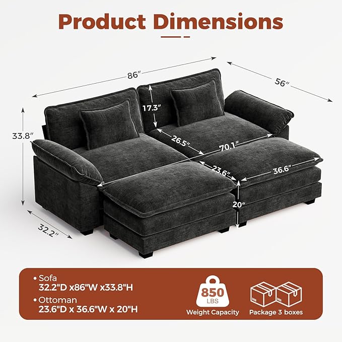 CDCASA 86" Modular Sectional Sofa, Comfy Cloud Couch with 2 Movable Ottoman, 4-Seater Chenille Deep Seat Sofa Bed Modern Sofa Couch for Living Room, DIY Combination, Black