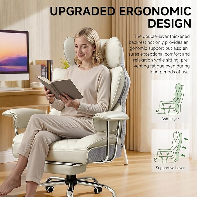 COMHOMA Big and Tall Office Chair, High Back Leather Gaming Chair with Footrest, Executive Ergonomic Office Chairs with Pocket Spring Lumbar Support and with Outward Fixed Soft Armrests