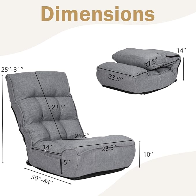KOMFOTT Folding Floor Chair for Adults, Floor Gaming Chair with 5-Position Adjustable Headrest & 4-Position Adjustable Backrest, Side Pocket, Floor Seating Lazy Sofa for Reading, Meditating, Grey