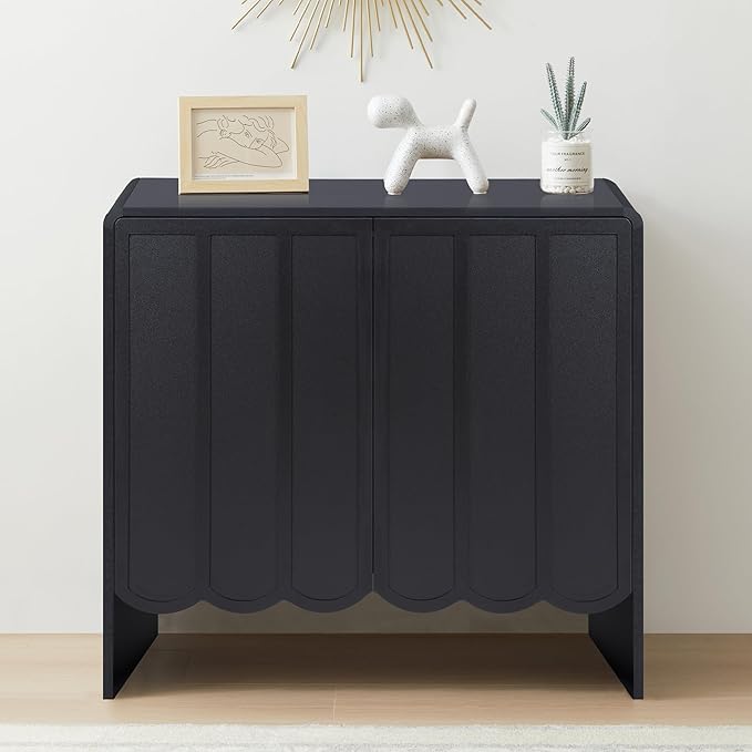 ORRD Sideboard Buffet Cabinet Set of 2, Accent Storage Cabinet with 2 Doors, Farmhouse Wood Cabinet with Adjustable Shelves and Wave Panel for Living Room, Dining Room, Entry - Black