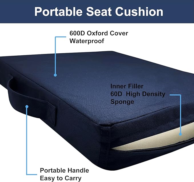 UCOMFEEL Portable Bleacher Seat Cushions with Handle, 2 Inches Thick, Waterproof Oxford Fabric, Zipper Design, Set of 2 (Blue)