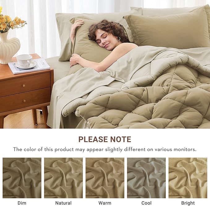 MUXHOMO 7 Pieces King Comforter Set, Reversible Bed in a Bag King Size, All Season Bedding Set with Comforter, Flat Sheet, Fitted Sheet, Pillowcases & Shams, Khaki & Linen