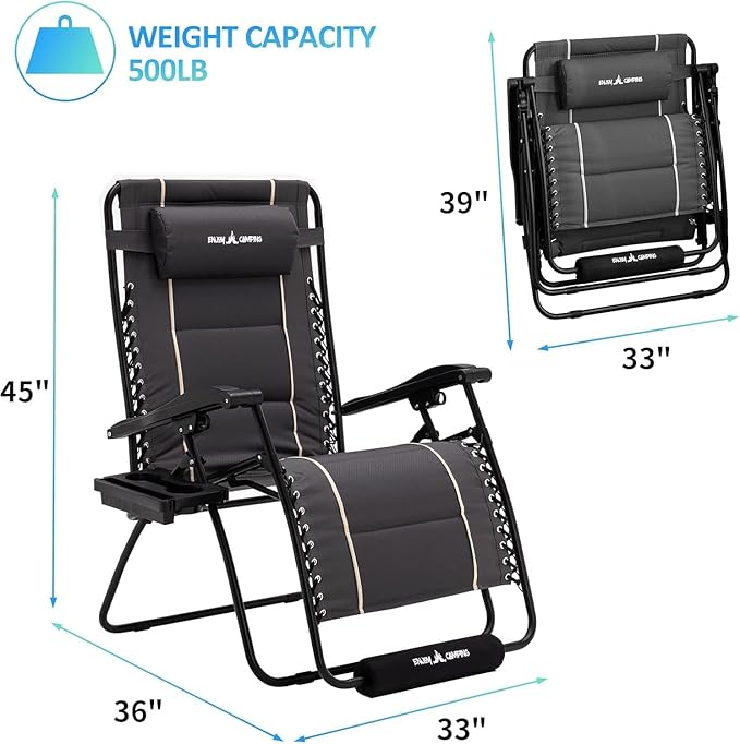 Amopatio Zero Oversized Padded Gravity Chairs with Cup Holder, 33" Wide Folding Reclining Lounge Chair with Footrest & Headrest for Indoor Outdoor Camping, Support 500LBS