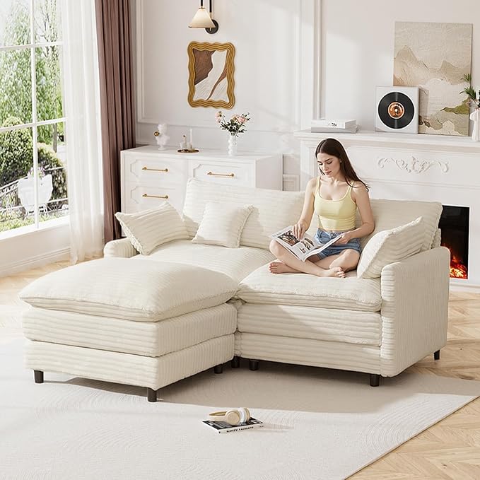 HYJT-H&K 74" L Shaped Cloud Couch Modular Small Sectional Couches for Living Room Small Spaces, Comfy Fluffy Corduroy Cloud Loveseat with Ottoman 3 Seat Sectionals Sofa, White