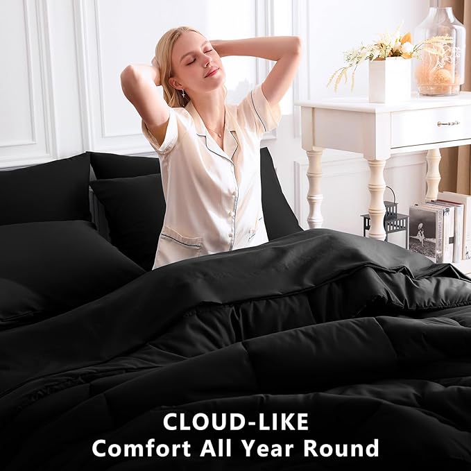 CozyLux Oversized King Comforter Sets Black, 7 Pieces Bed in a Bag, Ultra-Soft All Season Bedding Sets with Stitch Quilted Comforter, Flat Sheet, Fitted Sheet, Pillowcases, Black