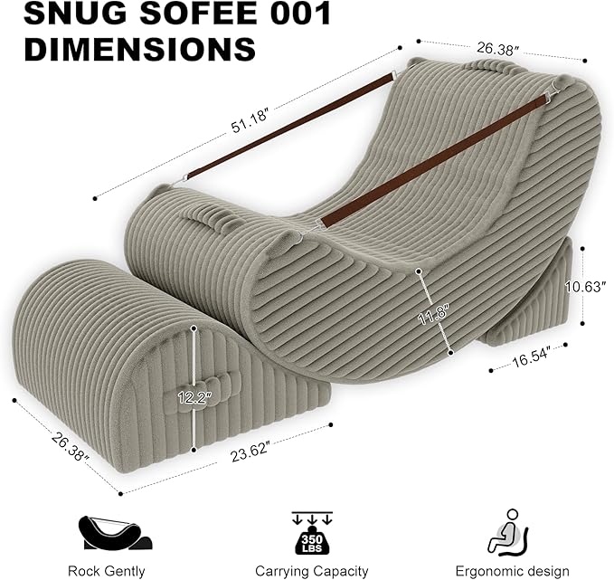 Gaint Bean Bag Chairs for Adults, Beanbag Lounge Filled with Memory Foam, Adjustable Angle, Corduroy Fabric, with Detachable Footrest for Bedroom, Living Room and Nursery(Khaki)