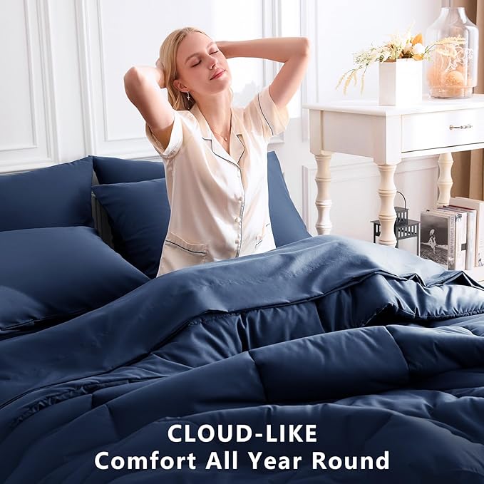 CozyLux California King Comforter Sets Navy Blue, 7 Pieces Cal King Bed in a Bag, All Season Bedding Sets with Stitch Quilted Comforter, Flat Sheet, Fitted Sheet, Pillowcases