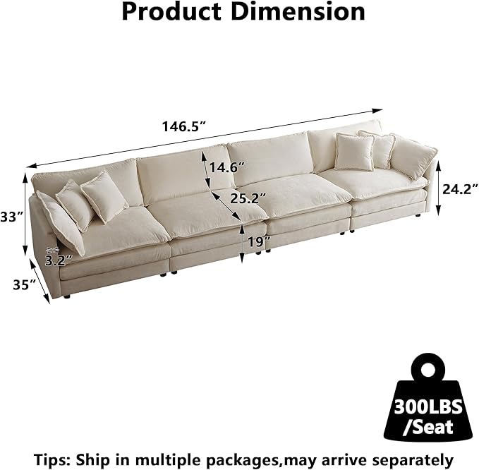 Aoowow Modular Sectional Sofa,147.2 Inch Deep 4-Seater Sofas Comfy Chenille Cloud Sofas and Couches with Pillows for Living Room Apartment（Light Coffee）