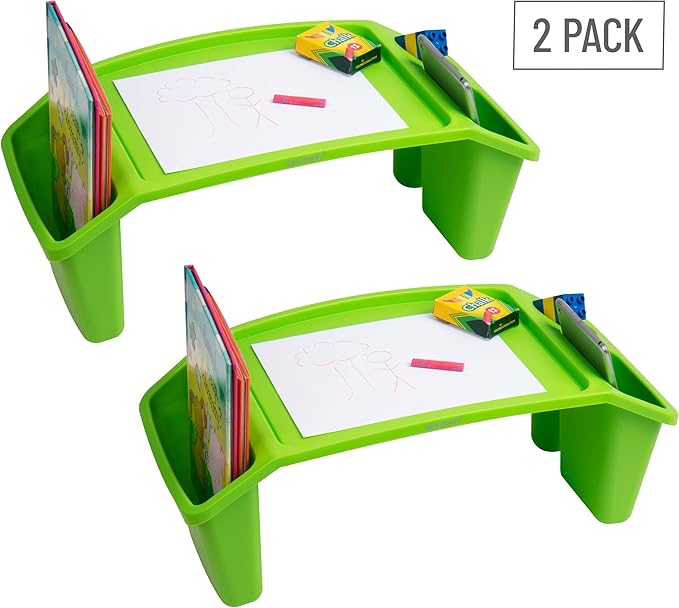 Mind Reader Kids Lap Desk, Portable Activity Tray with Side Storage, Stackable Plastic Desk for Drawing, Snacks, Study, Set of 2, Green