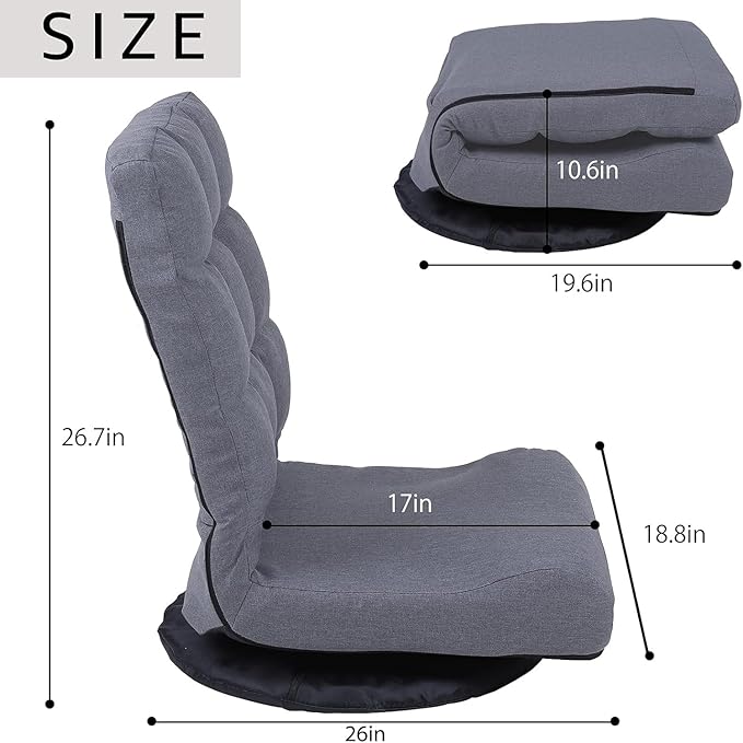 Swivel Floor Chair for Teens，Multipurpose Gaming Chair Rocker for TV, Reading, Playing Video Games Lumbar Support, Adjustable Foldable Backrest (Grey)