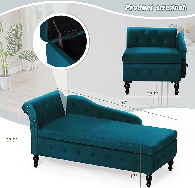 ACMEASE Upholstered Chaise Lounge with Left Armrest & Lumbar Pillow,Button Tufted Lounge Sofa with Storage,Lounge Chair Indoor,Modern Velvet Lounge Chair for Bedroom, Living Room and Office,Teal