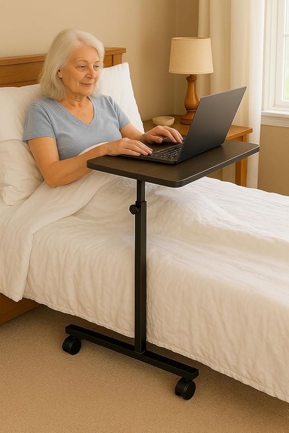 Adjustable Overbed Table on Wheels – Height Adjustable from 30” to 42” – H-Base Rolling Bedside Table for Home, Hospital & Nursing Use – Supports 50 lbs – 15” Wide Surface
