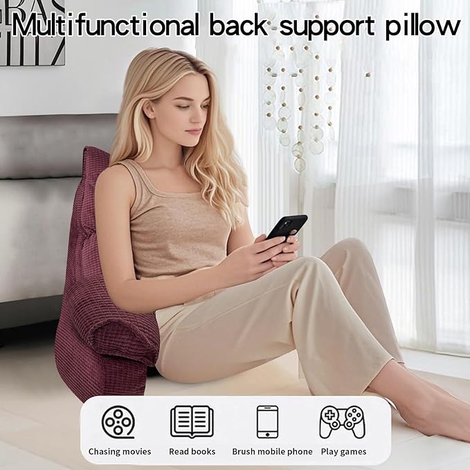 RRPAHWTV Reading Pillow for Bed with High Arm Rests,Back Support Pillow for Sitting Up in Bed with Shredded Memory Foam for Reading, TV, Gaming or Relaxing on Floor（Plum，Small）