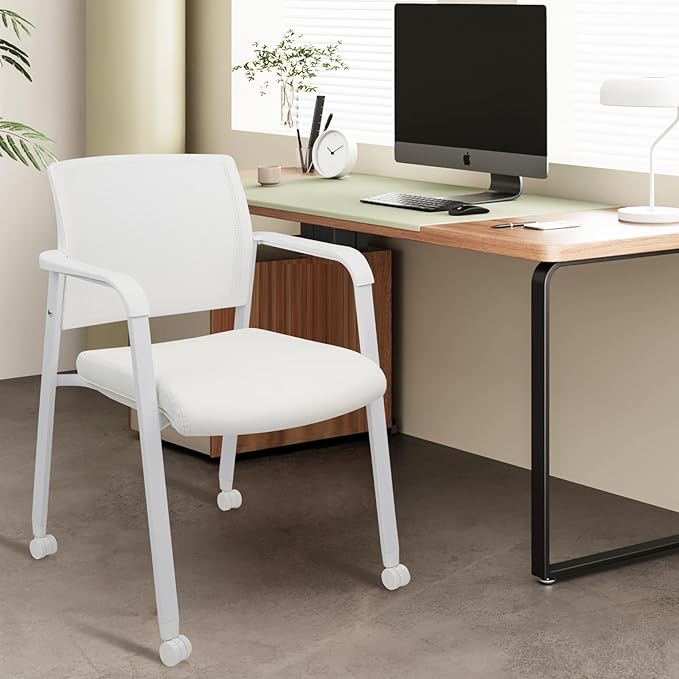 CLATINA Stacking Office Chairs | Mesh Back, Thicken Leather Seat and Arms, Ergonomic Lumber Support | Guest Reception, Waiting, Conference, School, Party, Customer, Side, Stationary | Set of 2, White