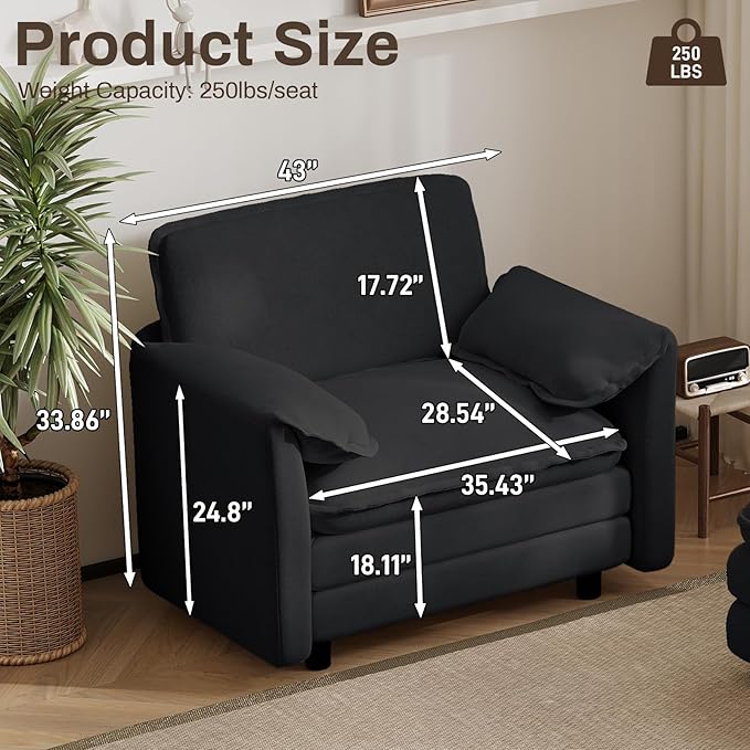 DAMAIFROM Oversized Chaise Lounge Chair Indoor with Ottoman, Firm Solid Wood Frame with Long Service Life Chenille Oversized Lounge Reading Chair for Study Room - Black