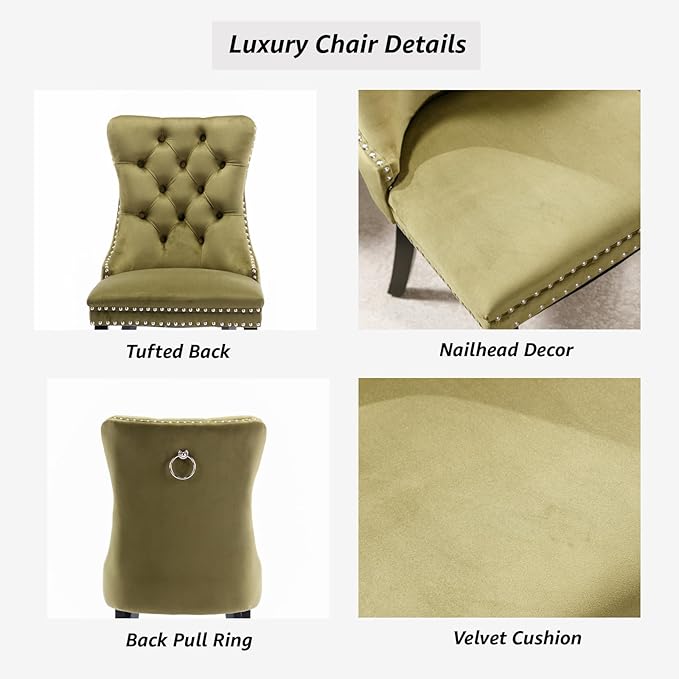 YeahFurn Olive Mid Century Modern Dining Chairs Set of 4, Velvet Upholstered Kitchen & Dining Room Chairs with Nailhead Trim & Solid Wood Legs, Elegant Sillas De Comedor (Olive, 4 Pcs)