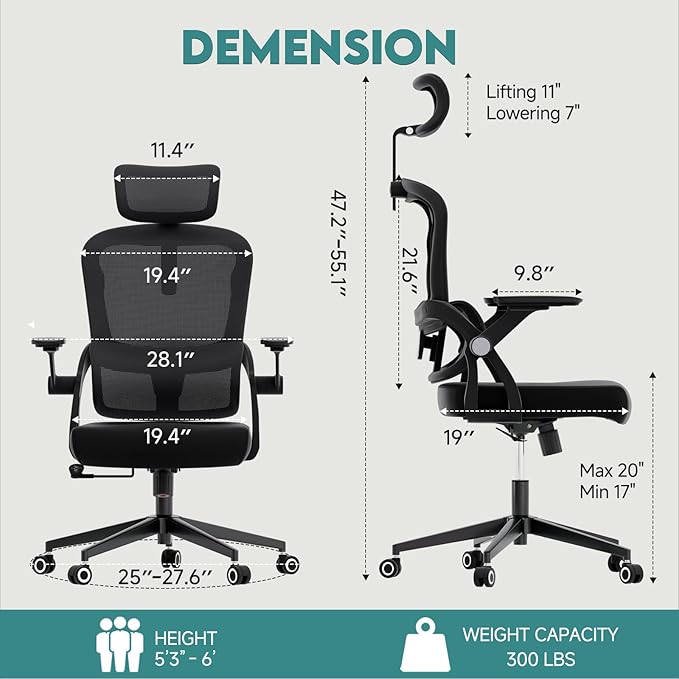 Office Chair Ergonomic Desk Chair with Lumbar Support&Headrest&Flip-up Arms Height Adjustable Rocking Swivel High Back Computer Chair Multi-Angle from 90° to 125° with 350LBS Capacity(05Black)