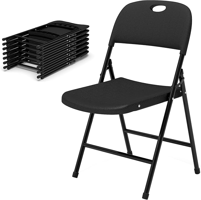 Folding Chairs, Plastic Foldable Chair, Outdoor Plastic Sturdy Metal Folding Chairs, Heavy Duty Foldable Commercial Seating for Picnic, Party, Patio 8 Pack Black