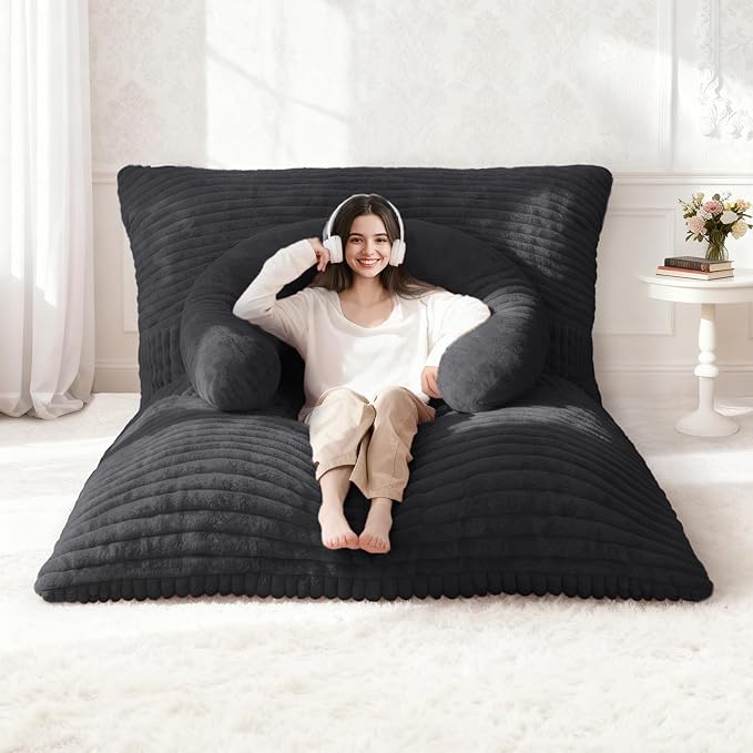 Homguava Giant Bean Bag Chair for Adults with Pillow, 4 in 1 Convertible Floor Cushion for Adluts, Memory Foamed Bean Bag Lounger with Washable Cover for Living Room, Bedroom