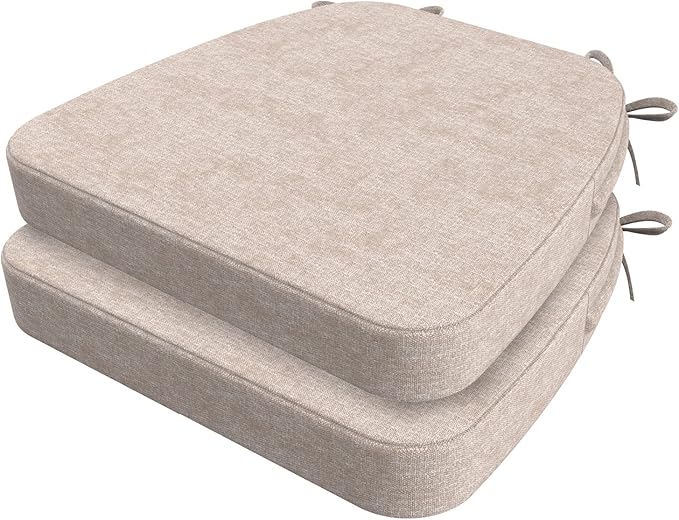 AAAAAcessories D-Shaped Chair Cushions, 2" Thick Dining Chair Pads with Ties and Removable, Machine-Washable Cover, 17" x 16", Set of 2, Oatmeal Beige