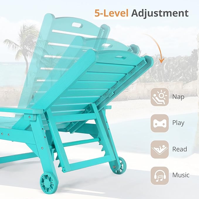LUE BONA Outdoor Chaise Lounge, HDPS Chaise Lounger, 5 Positions Adjustable Lounge Chairs, Pool Lounge Chair with Wheels for Poolside, Backyard, Aruba Blue