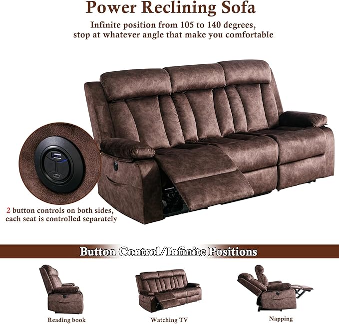 GUEAPY Reclining Sofa-Power Recliner Sofa with Heat and Massage,Recliner Sofa with Drop Down Table,Reclining Couch 3 Seater for Living Room,Home Theater Seating with Cup Holders,USB & Type-C Ports