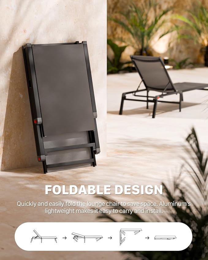 WOAJNQO Aluminum Patio Chaise Lounge Chair Set of 2 with Side Table,5-Position Adjustable Backrest,Foldable Lounge Chair Outdoor,Pool Lounge Chairs for Poolside,Lawn,Deck,Beach (Grey, 2 Pack+Table)