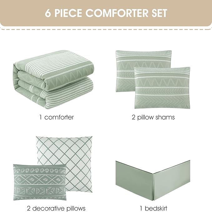 Grand Avenue Cotton King Size Comforter Set, 6 Piece, Sage Geometric Jacquard Bedding Set, Bedskirt, Pillows & Shams, Home Decor