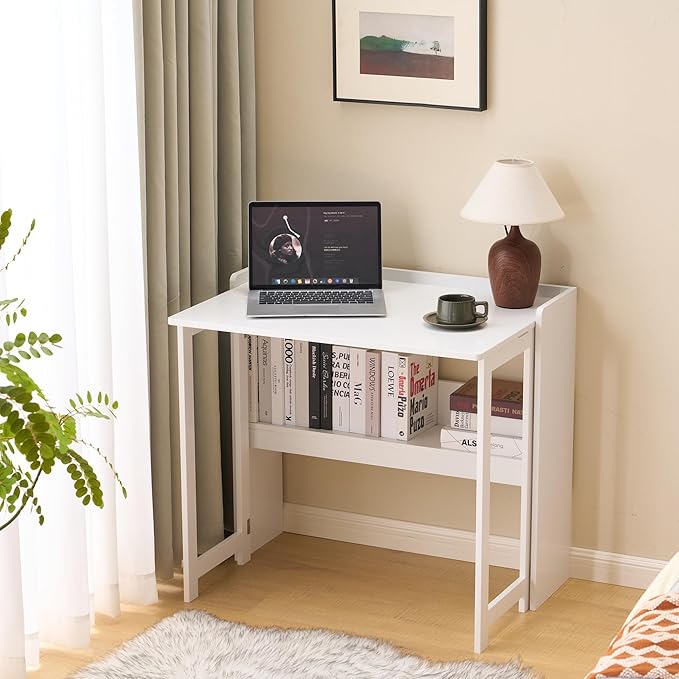 KEIKI 32.6" Folding Table with Storage Shelf, Foldable Computer Desk for Small Spaces, Space-Saving Study Table for Bedroom Home Office Dorm and Apartment, Ancient White