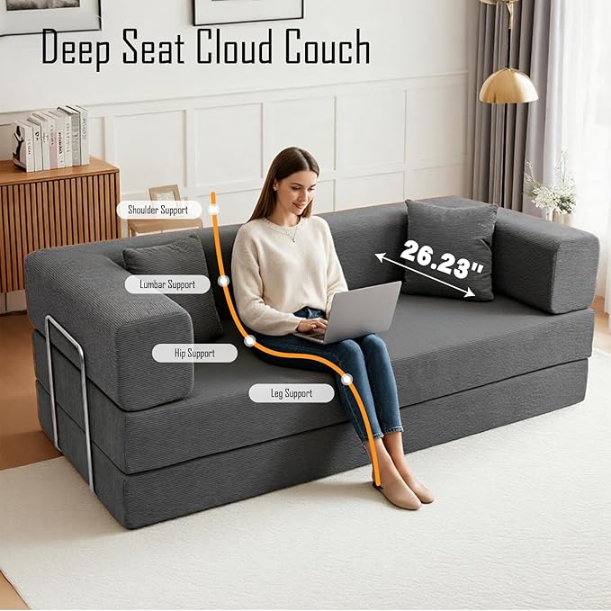 79 Inch Convertible Sofa Bed Couch in Box, 5 in 1 Folding Modular Boneless Couch with Pull Out Bed 2 Pillows, Soft Corduroy Floor Futon Lounge Loveseat Sleeper Lazy Cama No Assembly Dark Grey