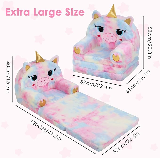 decalsweet Kids Couch Comfy Foldable Kids Sofa to Lounger 2 in 1 Toddler Chair Plush Baby Sleeper Chair for Playing and Napping, Birthday Gifts for Boys and Girls