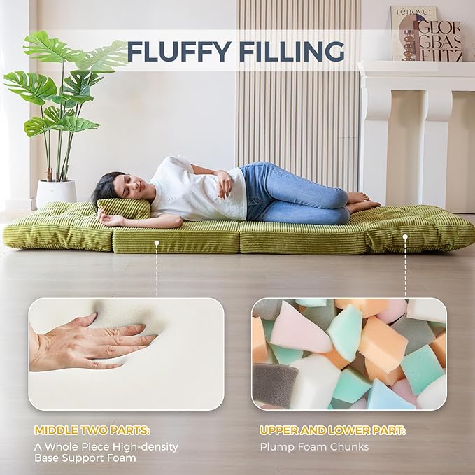 MAXYOYO Bean Bag Bed Tufted Folding Sofa Bed with Pillows Floor Mattress for Adults, Extra Thick and Long Floor Sofa, Single Couch for Bedroom Living Room, Green, 30x91 Inch