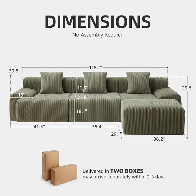 118" Modern L-Shaped Modular Sectional Sofa, Boneless Couches for Living Room, Corduroy Upholstered Sofa with Deep Seat, Oversized 3-Seater Cloud Sectional Couch,No Assembly, Green