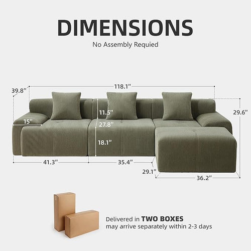 118" Modern L-Shaped Modular Sectional Sofa, Boneless Couches for Living Room, Corduroy Upholstered Sofa with Deep Seat, Oversized 3-Seater Cloud Sectional Couch,No Assembly, Green