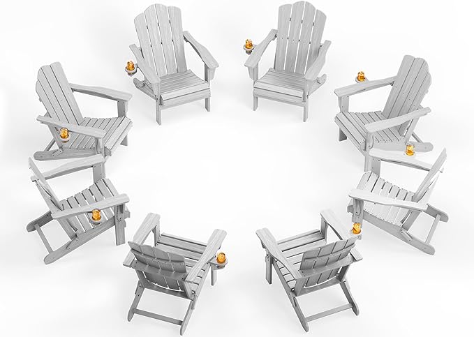 KINGYES Folding Adirondack Chair Set of 8, HDPE All-Weather Patio Chairs with Cup Holder, Wooden Textured Fire Pit Chairs for Poolside, Backyard, Deck, Silver Grey
